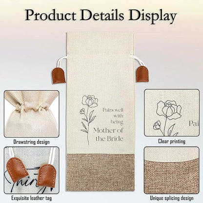 Mother Of The Bride Wine Bag, Cotton Linen Wine Gift Bag With Drawstring, Wine Champagne Bottle Gift Bag for Mother of The Bride, Bride's Mother, Mother-in-law, Wedding, Engegement Party Favors-4