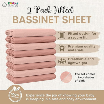 Bassinet Fitted Sheets - Compatible With Fisher Price Bassinet Soothing Motions, Stow and Go, Rock with Me & Soothing View Bassinet | 100% Organic Jersey Cotton - Light Pink + Dark Pink | 32x16 2 Pack