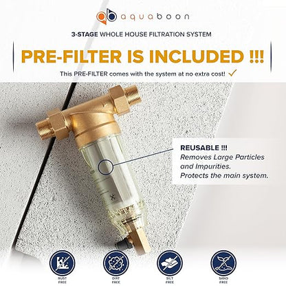 Aquaboon Whole House 3 Stage Water Filter System - 5 Micron Iron&Manganese, Activated Carbon, Sediment Filters for Well Water - 20x4.5 Water Filter Housing w/Wrench, Frame & Pressure Gauge & Release