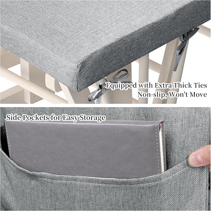 HOMBYS 5 PCS Glider Rocker Replacement Cushions with Storage Side Pocket,Linen-Like Fabric, Foam & Microfiber Filling, Non-Slip & Washable,Thickened & Supportive for Glider Rocking Chair, Grey