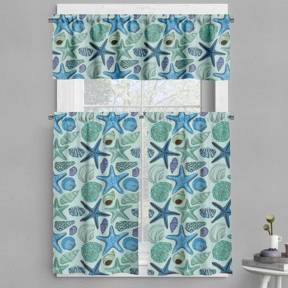 Ambesonne Starfish Valance & Tier Curtain 3 pcs Set, Aquarium Inspired Composition Tropical Seashells and Scallops Cockles and Clams, Window Treatments for Kitchen Room Decor, 55" x 36", Blue Seafoam