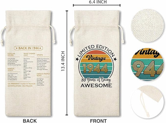 Disfuco 80th Birthday Wine Gift Bag, 1944 Birthday Gift Wine Bag, Burlap Wine Bottle Cover Bag For Women Men, Friends, Daughter, Son, Newphew, Niece, 1 Pc (B07)