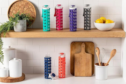 Ello Syndicate Glass Water Bottle with One-Touch Flip Lid and Protective Silicone Sleeve and Carry Loop, BPA Free, Dishwasher Safe,20oz