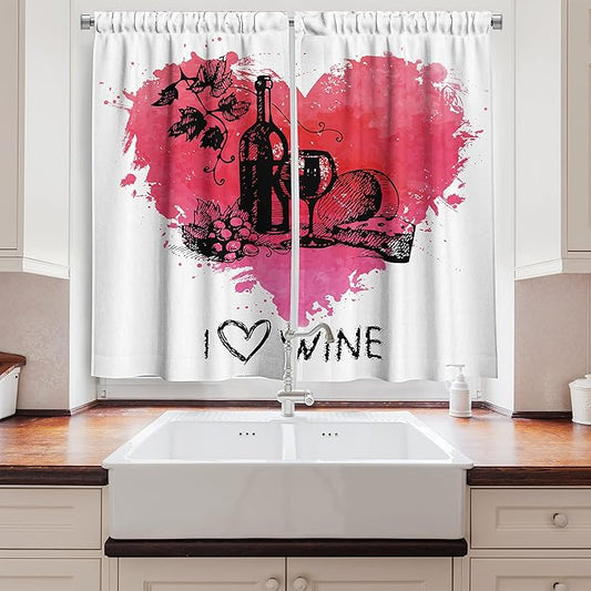 Ambesonne Wine Kitchen Curtains, Hand Drawn Sketch Illustration with Splash Watercolor Heart I Love Wine Theme, Window Drapes 2 Panel Set for Kitchen Cafe Decor, 55" x 39", Black Coral