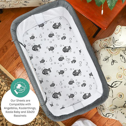 TansyPanda Bassinet Sheets for Angelbliss, Koolerthings, Koola Baby Bassinet Bedside Sleeper, 3 Pack, 33x20 inch, Ultra Soft, Breathable, Snug Fit, Unisex Boys Girls, Gray White (Ocean Fish Theme)