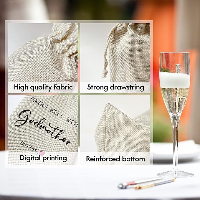 Godmother Wine Gift Bags - Gift for Godmother, Aunt, Godparent, Baptism - Reusable Burlap With Drawstring Gift Bag (5.5"x 13.5")-1 Pcs/jiu068