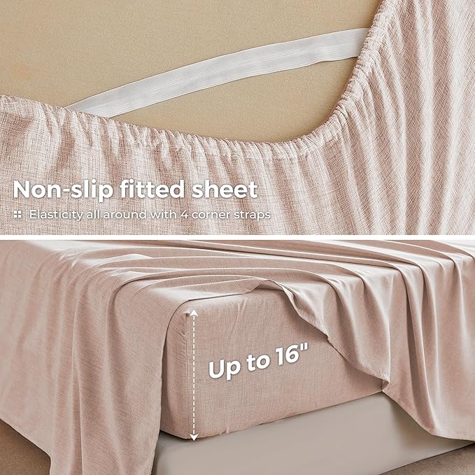 Queen Sheets Light Pink, Ultral Soft Cationic Linen Look Sheets, Luxury Cooling Cozy Bed Sheet Set with Non-Slip Fitted Sheet