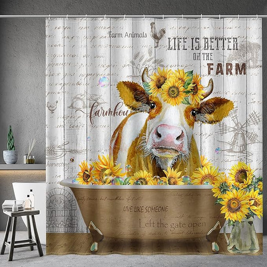 Aimego Cow Sunflower Shower Curtain Funny Cute Farm Animal Rustic Wooden Country Farmhouse Shower Curtain Set with 12 Hooks for Bathroom Decor Accessories Bathtub Curtain, 72"x72"