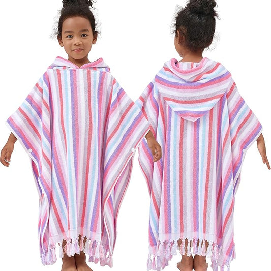Hooded Bath Towel Poncho (4-8Years) - Soft, Absorbent Premium Turkish Cotton Thick Swim Towel Robe with Hood for Kids, Perfect for Bathroom | Pool | Swimming, Jacquard, Color Stripe with Tassels