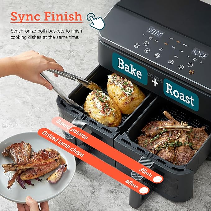 COSORI 9Qt 8-in-1 Dual Air Fryer, Multi-dish Cooking at Once for Family and Couple with Double Baskets, Bake, Roast, Reheat, Broil, Dry & 130 Recipes for Easy and Crispy Meals, Dishwasher Safe