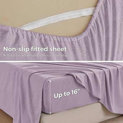 King Sheets Purple, Ultral Soft Cationic Linen Look Sheets, Luxury Cooling Cozy Bed Sheet Set with Non-Slip Fitted Sheet
