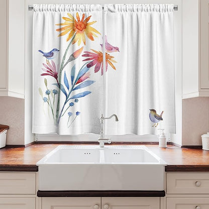 Ambesonne Watercolor Kitchen Curtains, Springtime Flowers with Birds Unusual Color Scheme Brush Effect, Window Drapes 2 Panel Set for Kitchen Cafe Decor, 55" x 39", Blue