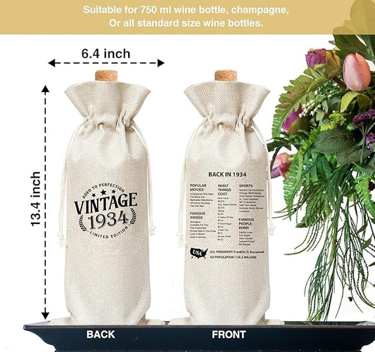 Tedea 90th Birthday Wine Gift Bag, Vintage Back In 1934 Birthday Gift Wine Bag For Women Men, Best Friend, Coworker, Birthday Party Decorations, 1 Pc Wine Bag (G01)
