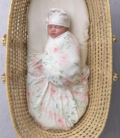 Baby Receiving Blanket Swaddle Blanket Newborn Wrap Swaddle Headband Set -Bloom Flower Pattern (Pink 3)