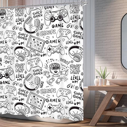 Kids Gaming Shower Curtain for Boys 60Wx72L Inch Gamer Black White Video Game Cool Teens Funny Monochrome Sketch Graffiti Gamer Gamepad Bathroom Set Bath Curtain Bathtub Accessories Home Decor
