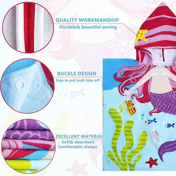 Lightweight Microfiber Hooded Beach Towel for Kids, Toddlers Bath/Pool/Swim Poncho Cover-ups Swimwear (3D Mermaid with bag)