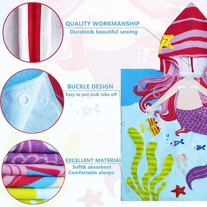 Lightweight Microfiber Hooded Beach Towel for Kids, Toddlers Bath/Pool/Swim Poncho Cover-ups Swimwear (3D Mermaid with bag)