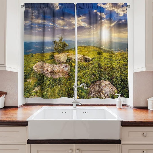Ambesonne Mountain Kitchen Curtains, Small Tree Behind Boulders Hillside Grass Greenery Meadow Scenic Dramatic, Window Drapes 2 Panel Set for Kitchen Cafe Decor, 55" x 39", Mustard Green