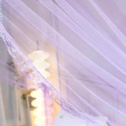 Bed Canopy, Princess Bed Curtain Net for Girls & Adults，Three-Doors Rectangle Lace Dome Netting (Purple, King)