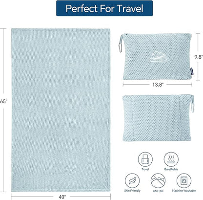BEDELITE Travel Blanket Airplane Compact with Bag, Portable and Packable 2 in 1 Jacquard Travel Pillow and Blanket Set, Airplane Blanket Travel Essentials with Luggage Sleeve & Backpack Clip, Blue