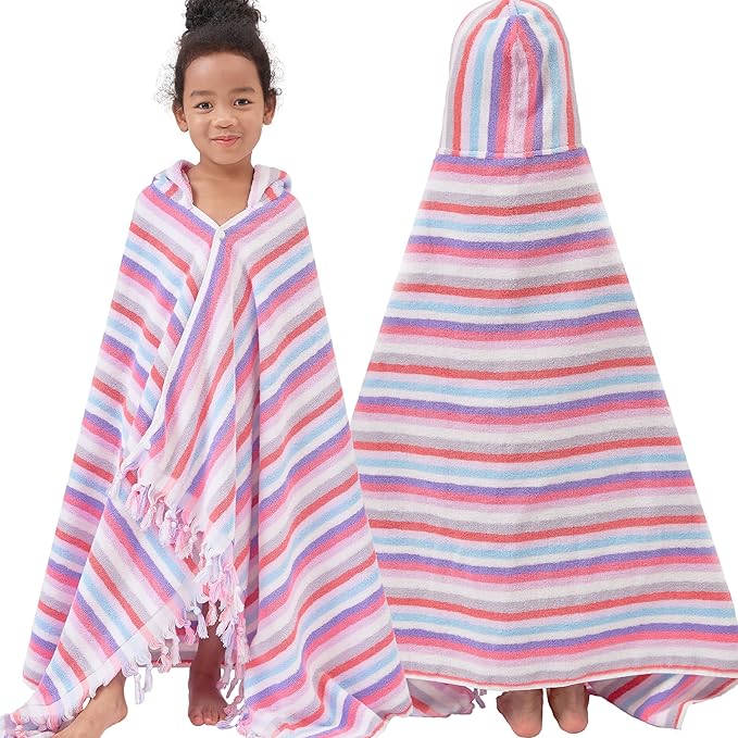 Hooded Bath Towel for Kids (3-10Years) - Soft, Absorbent Oversized Turkish Cotton Pool Towels with Hood for Toddler,Perfect for Bath | Beach | Pool | Swim, Jacquard, Color Stripe with Tassels