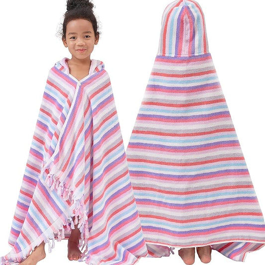 Hooded Bath Towel for Kids (3-10Years) - Soft, Absorbent Oversized Turkish Cotton Pool Towels with Hood for Toddler,Perfect for Bath | Beach | Pool | Swim, Jacquard, Color Stripe with Tassels