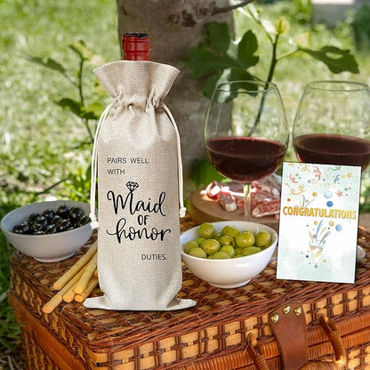 Xanev Maid Of Honor Gifts, Wedding Wine Gift Bag, Bridal Shower Gifts For Bridesmaid, Pairs Well With Maid Of Honor Wine Bag, Engagement Bachelorette Party Decoration Supplies Favors, B34