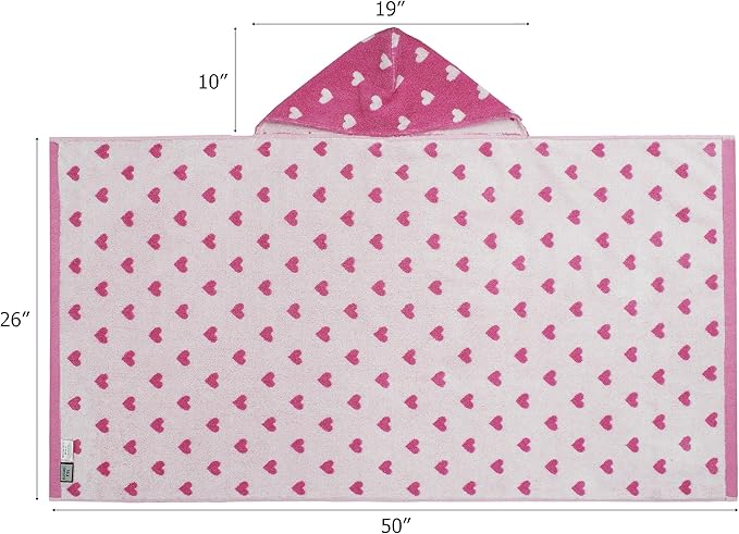 Hooded Bath Towel Wrap - 100% Cotton Jacquard Reversible Large Hooded Hearts Kids Towel - Toddler Shower Pool Beach Towel - Soft Plush Absorbent Quick Dry Easy Care Gift - 26 x 50 - Pink