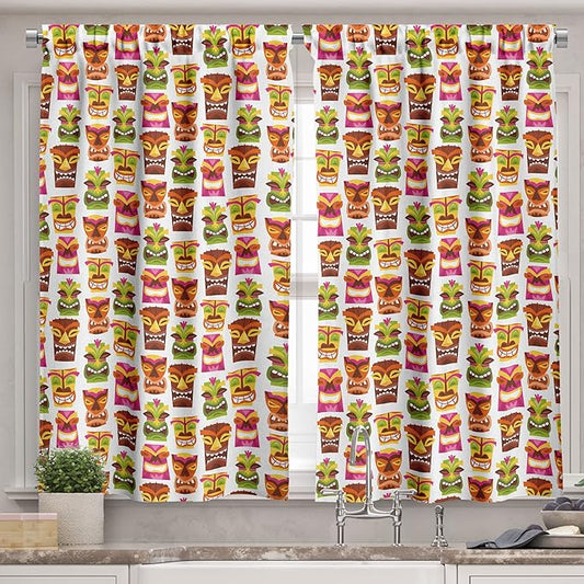 Ambesonne Tiki Bar Valance & Tier Curtain 3 pcs Set, Sixties Retro Inspired Hawaiian Party Happy Tiki Pattern Colorful, Window Treatments for Kitchen Room Decor, 55" x 36", White Brown