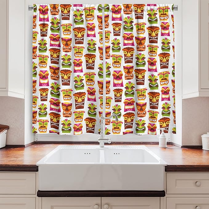 Ambesonne Tiki Bar Kitchen Curtains, Sixties Retro Inspired Hawaiian Party Happy Tiki Pattern Colorful, Window Drapes 2 Panel Set for Kitchen Cafe Decor, 55" x 39", White Brown