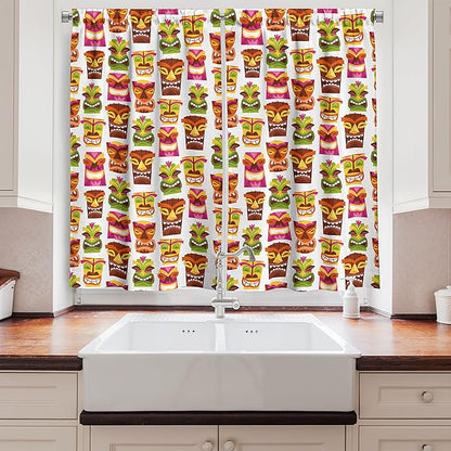 Ambesonne Tiki Bar Kitchen Curtains, Sixties Retro Inspired Hawaiian Party Happy Tiki Pattern Colorful, Window Drapes 2 Panel Set for Kitchen Cafe Decor, 55" x 39", White Brown
