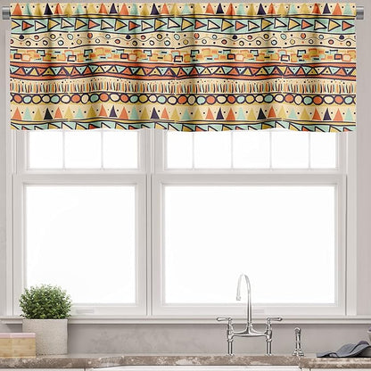 Ambesonne Prehistoric Valance & Tier Curtain 3 pcs Set, Mexican Style Doodles with Triangles Circles Folkloric Geometric Tribal, Window Treatments for Kitchen Room Decor, 55" x 36", Pastel Yellow
