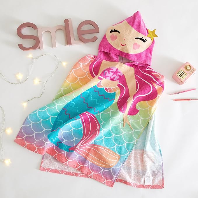 Beach House Figural Mermaid Hooded Beach and Bath Towel Poncho for Kids, Rainbow
