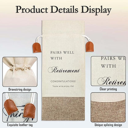 Retired Gifts Wine Champagne Bag, Retirement Wine Bag, Pairs Well With Retirement, Cotton Linen Wine Gift Bag With Drawstring, Retired Gifts Leaving Gifts for Coworkers Boss,Retirement Gifts for Women