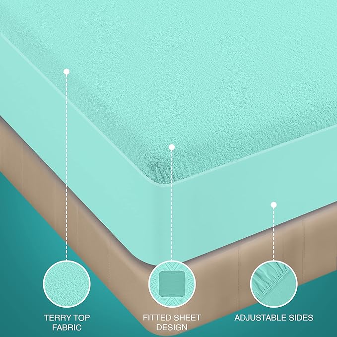 Utopia Bedding Waterproof Mattress Protector Twin Size, Premium Terry Mattress Cover 200 GSM, Breathable, Fitted Style with Stretchable Pockets (Spa Blue)