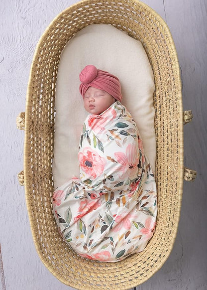 Baby Receiving Blanket Swaddle Blanket Newborn Wrap Swaddle Headband Set -Bloom Flower Pattern (Pink 1)