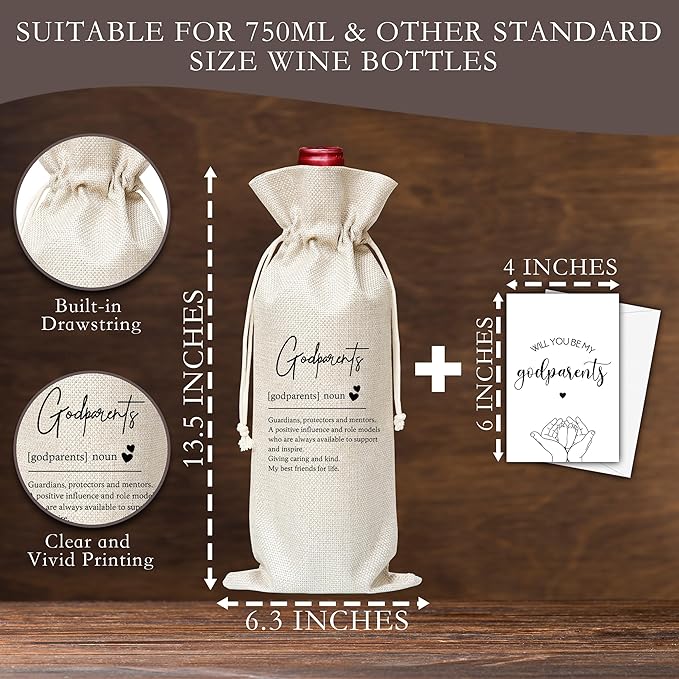 Dskly Godparents Gifts Wine Bag & Card, Godparents Proposal Gifts, Wine Bag For Godmother Godfather, Godparents Definition Wine Bag For Baby Shower Baptism, Will You Be My Godparents Gifts -08