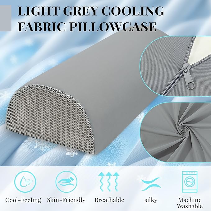 Large Knee Pillow for Side Sleepers Memory Foam Leg Pillows for Sleeping Yoga Bed Half Moon Bolster Pillow for Neck Pain Relief with Pillowcase 23.6"x8.7"x5"(Cooling Grey, Extended Size)