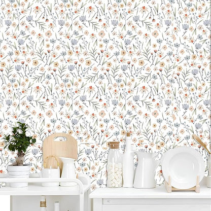 Floral Wallpaper Boho Flower Wall Decor Stickers Flower Leaf Wall Papers Botanical Plant Floral Leaves Wall Decals Peel and Stick Removable Boho Wallpapers for Nursery Bedroom Living Room Decor
