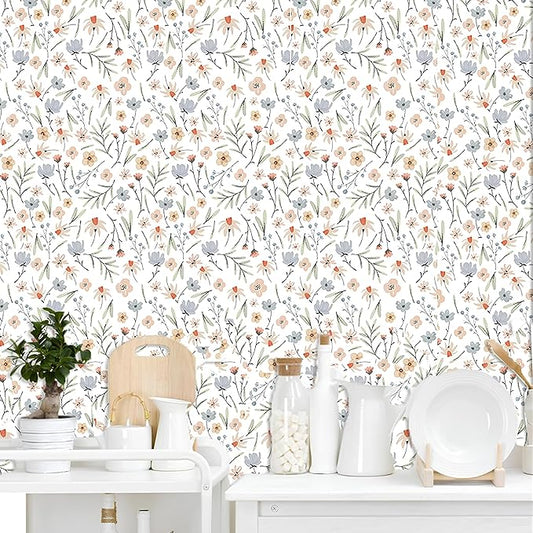 Floral Wallpaper Boho Flower Wall Decor Stickers Flower Leaf Wall Papers Botanical Plant Floral Leaves Wall Decals Peel and Stick Removable Boho Wallpapers for Nursery Bedroom Living Room Decor