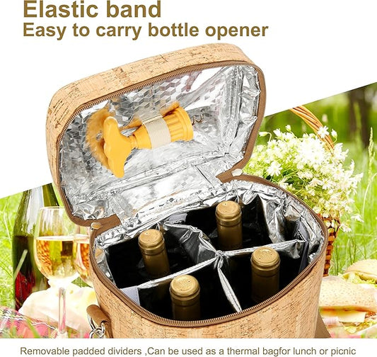 Insulated Wine Bag, Cork 4 Bottles Wine Gift Bags, Cooler Carrier Tote Bag for Travel Party Beach Wedding Reusable & Recyclable