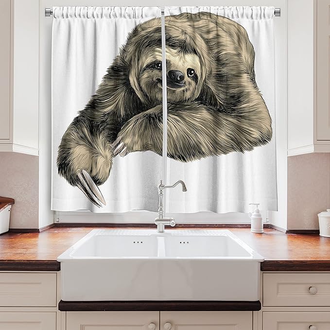 Ambesonne Sloth Kitchen Curtains, Sweetly Smiling Jungle Animals Lying Down with Crossed Legs Tropic Fauna Sketch, Window Drapes 2 Panel Set for Kitchen Cafe Decor, 55" x 39", Black Ivory