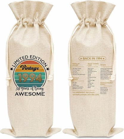 Disfuco 30th Birthday Wine Gift Bag, 1994 Birthday Gift Wine Bag, Burlap Wine Bottle Cover Bag For Women Men, Friends, Daughter, Son, Newphew, Niece, 1 Pc (B02)