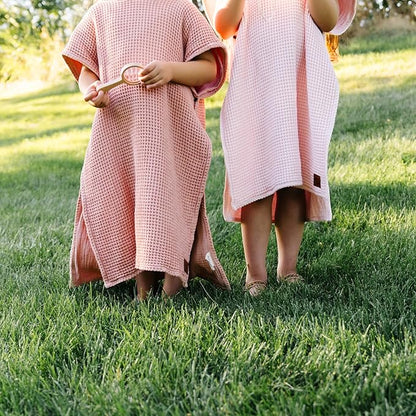 Hooded Towel for Kids | Snaps into a Poncho | Organic Cotton Waffle | Lightweight and Absorbent | Bath, Beach, and Pool | Multiple Colors | (Medium (3-6 Yrs), Cherry Blossom)