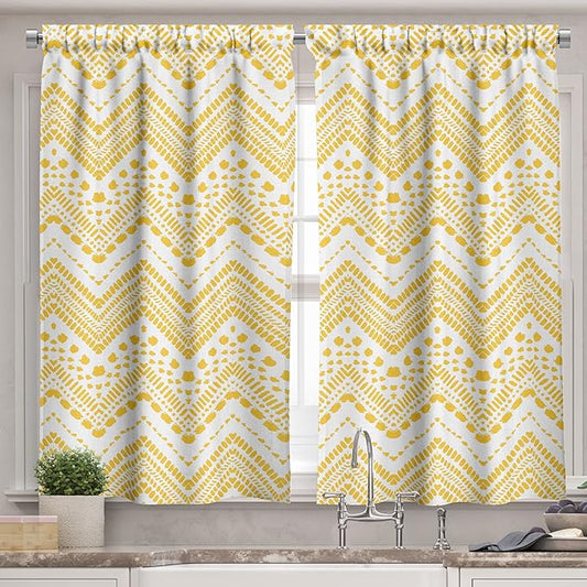 Ambesonne Yellow Chevron Valance & Tier Curtain 3 pcs Set, Hand Drawn Aztec Pattern Primitive Clan Motif with Dashed Lines Artwork, Window Treatments for Kitchen Room Decor, 55" x 24", Mustard White