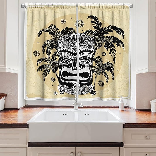 Ambesonne Tiki Bar Kitchen Curtains, Hawaii Tiki Palm Trees Ornate Flowers Sunny Summer Party Print, Window Drapes 2 Panel Set for Kitchen Cafe Decor, 55" x 39", Yellow Ivory
