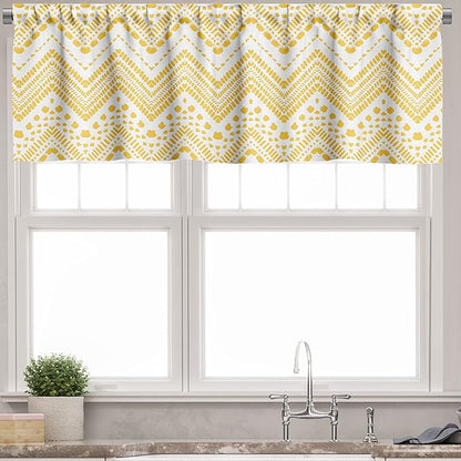 Ambesonne Yellow Chevron Valance & Tier Curtain 3 pcs Set, Hand Drawn Aztec Pattern Primitive Clan Motif with Dashed Lines Artwork, Window Treatments for Kitchen Room Decor, 55" x 24", Mustard White