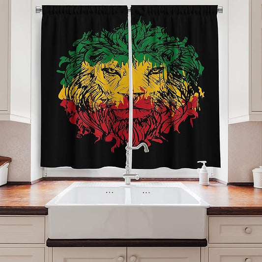 Ambesonne Rasta Kitchen Curtains, Ethiopian Flag Colors on Grunge Sketchy Lion Head with Black Backdrop, Window Drapes 2 Panel Set for Kitchen Cafe Decor, 55" x 39", Pale Lime Green