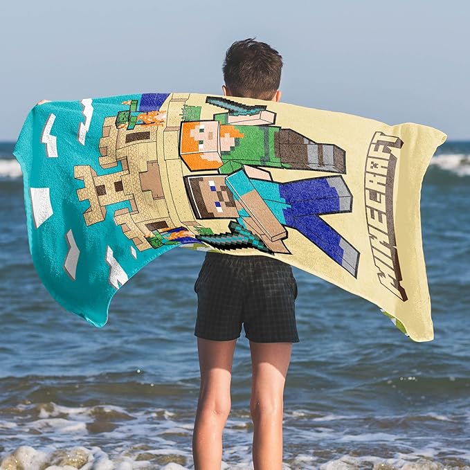 Jay Franco Minecraft Alex and Steve Kids Bath Pool Beach Towel - Super Soft & Absorbent 100% Cotton Towel for Gamers, Measures 28 x 58