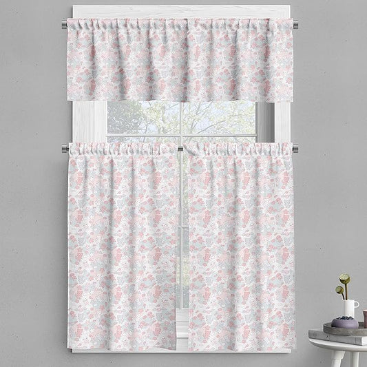 Ambesonne Cartoon Valance & Tier Curtain 3 pcs Set, Styled Cats Bats and Skulls Japanese Inspired Kawaii Design, Window Treatments for Kitchen Room Decor, 55" x 36", Pale Pink